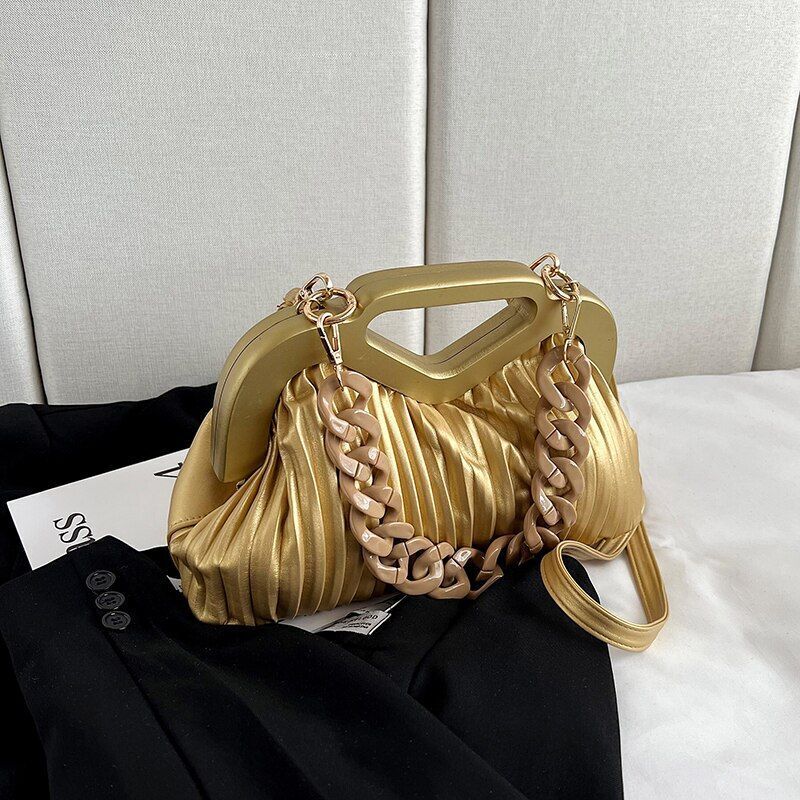 Handbag Thick Chain Handle Pleated Shoulder Bag Women Clutch Purses Crossbody