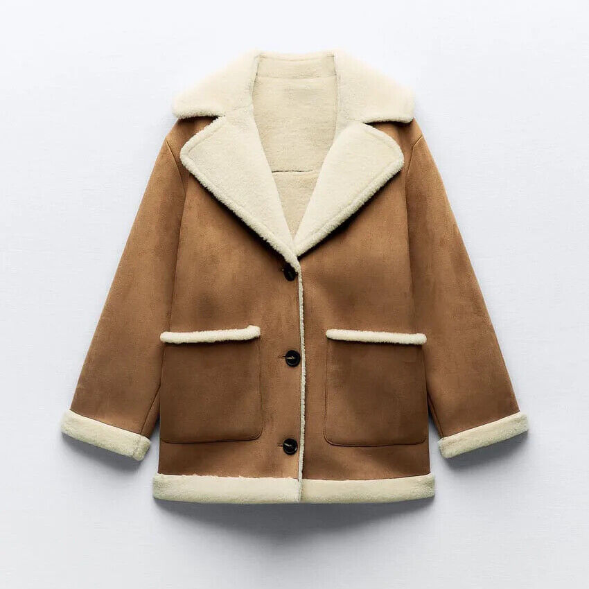 Jacket Fashionable Warm Sheepskin Coat Lapel Vintage Loose Overcoat Parka