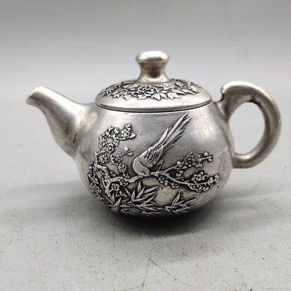 Vintage Silver Plated Copper Teapot Handmade Magpie Motif