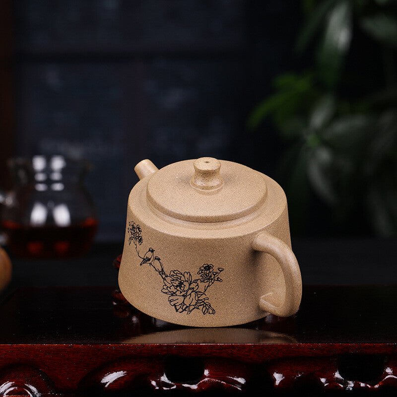 4.9" Collect Chinese Yixing Zisha Pottery Green Ash Mud 245ML Flower Bird Teapot