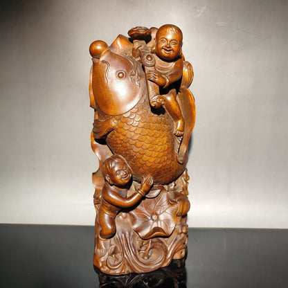 7" happy children big fish lotus flower statue figures home decor carving carved