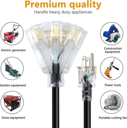 1FT 12/3 Extension Cord Heavy Duty Black 3-Outlet Indoor/Outdoor SJTW Lighted 12