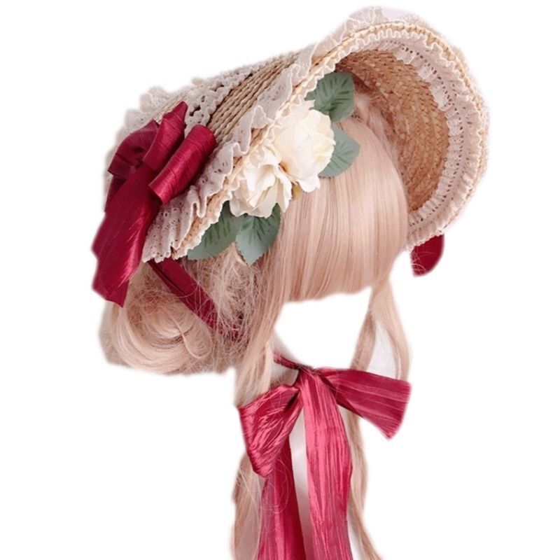 Women Lolita Hats Pastoral Style Flat Tops Lace Flower Ribbon Straw Beach Bonnet