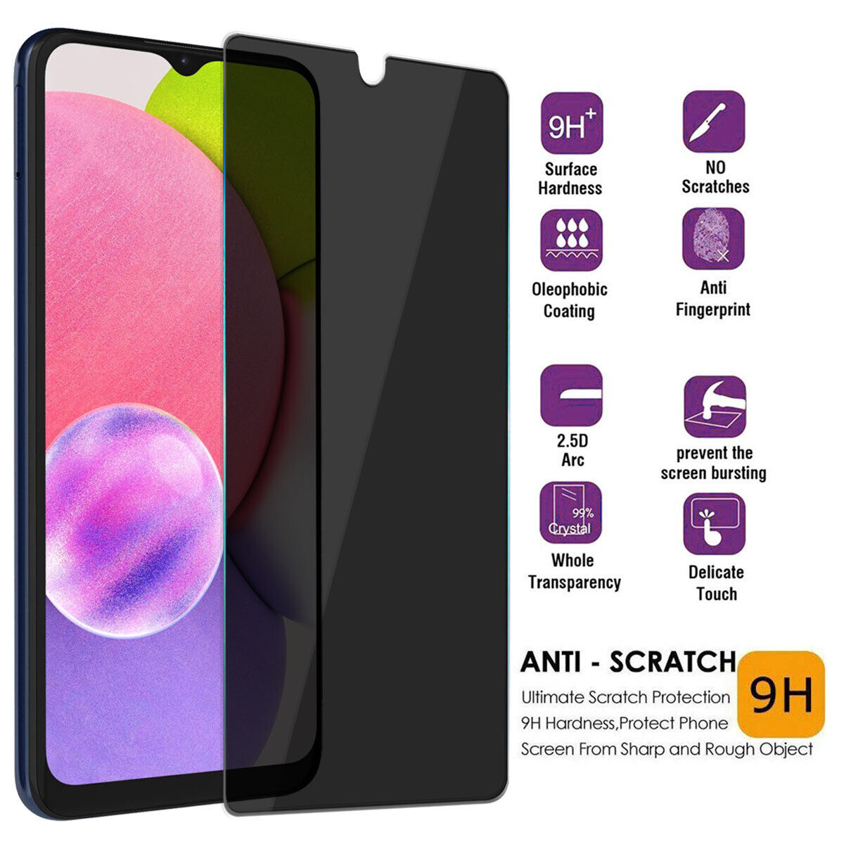 For Samsung Galaxy A03s / SM-A037F Privacy Tempered Glass Black Screen Protector