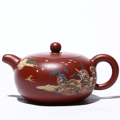 Handpainted Mountain-river Relief Tea Pot Marked True Yixing Zisha Dahongpao Pot
