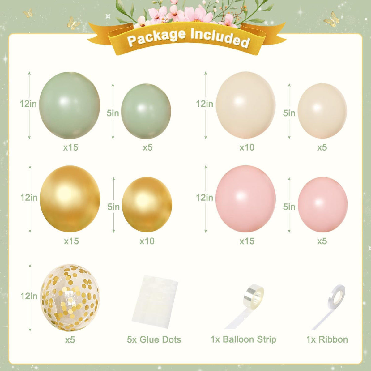 Pink and Sage Green Birthday Decorations, Pink Green Sand White Metallic Gold Fo