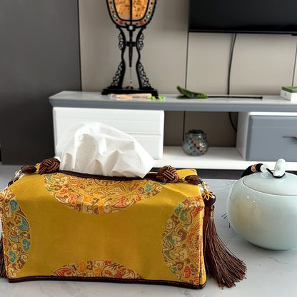 New Chinese Handmade Brocade Tissue Box With Tassel Decor