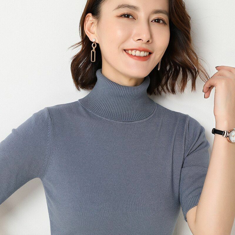 Women's Sweater Short Sleeve Cashmere Loose Turtleneck Bottoming Shirt Pullover