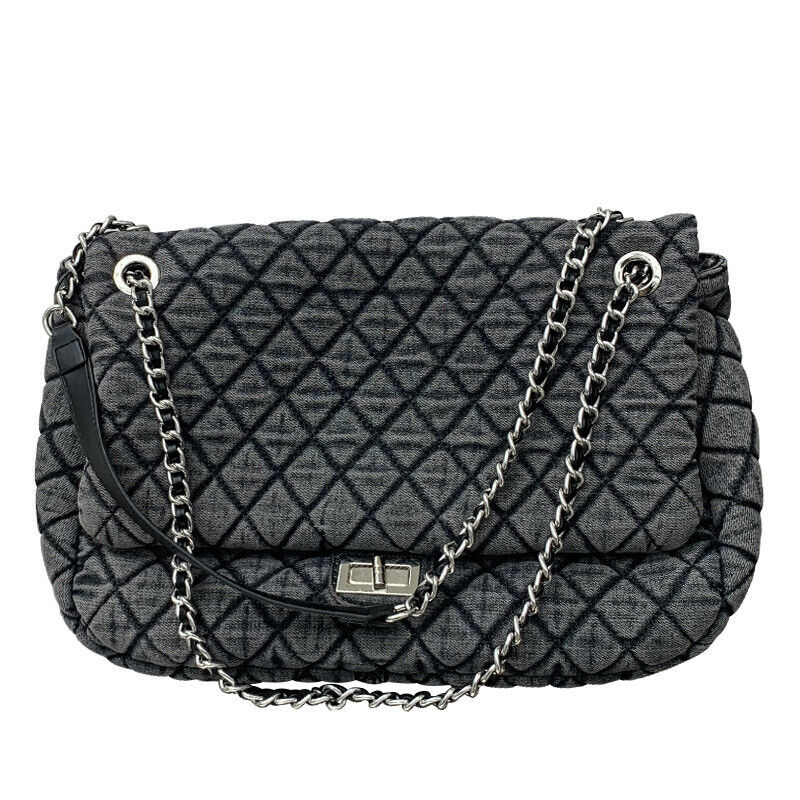 Large Quilted Denim Shoulder Bag Flap Purse Handbag w/ Chains Fashion Hobo Tote