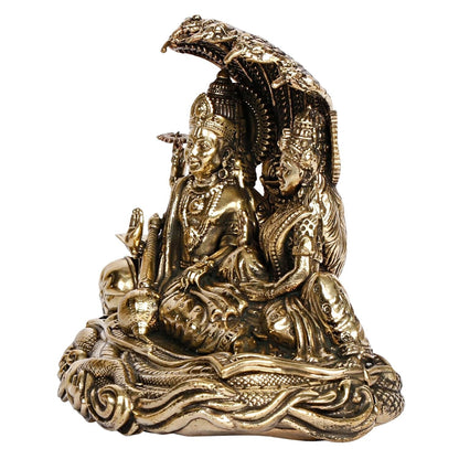 Hindu God Brass Lord Lakshmi Vishnu Idol Seated on Sheshnag Idol Figurine