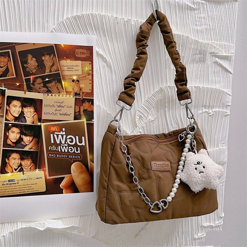 Heart Thread Bag Chain Shoulder Bag Zipper Beaded Handbag Black Brown White Pink