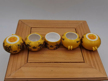 1set 5pcs Asian Bamboo Bird Cage Dragon Yellow Ceramics Cups