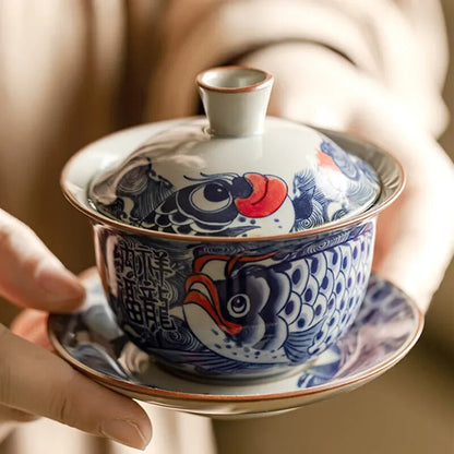Chinese Blue and White Ceramic Tea Tureen Handmade Fish Gaiwan