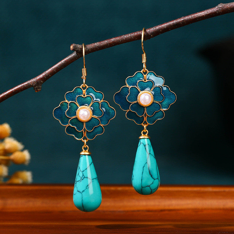 Jingtai Blue Camellia Dian Cui Pearl Earrings Imitation of pine stone