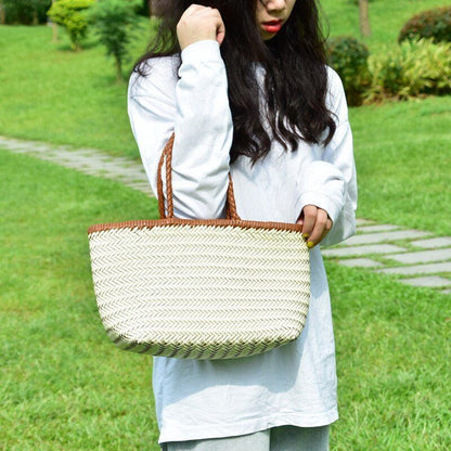 Genuine Leather Woven Shoulder Bag Casual Shopping Bag Vintage Tote Purse Brown
