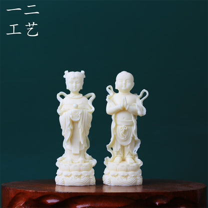 Tagua Nut Golden Boy and Jade Girl Ornament Home Buddha Statue Tea Pet