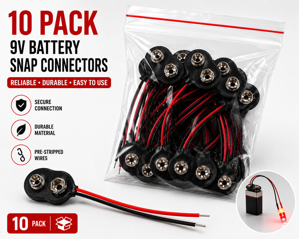 9v Battery Snap T-Type with Wire Leads - 10 Pack