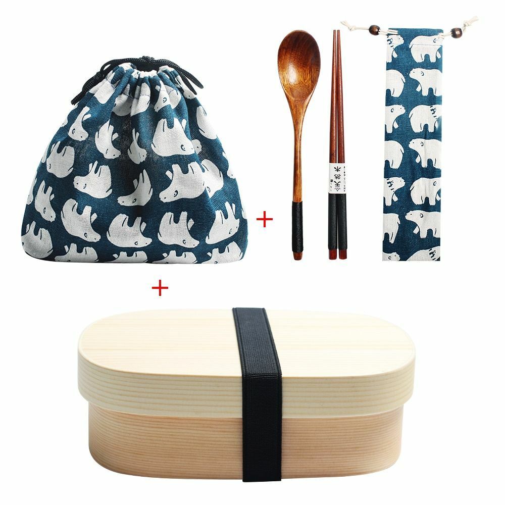 Wooden Lunch Box Picnic Japanese Bento School Kids Dinnerware Set Bag Spoon Fork