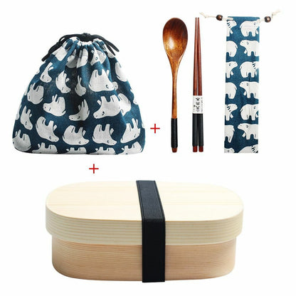Wooden Lunch Box Picnic Japanese Bento School Kids Dinnerware Set Bag Spoon Fork