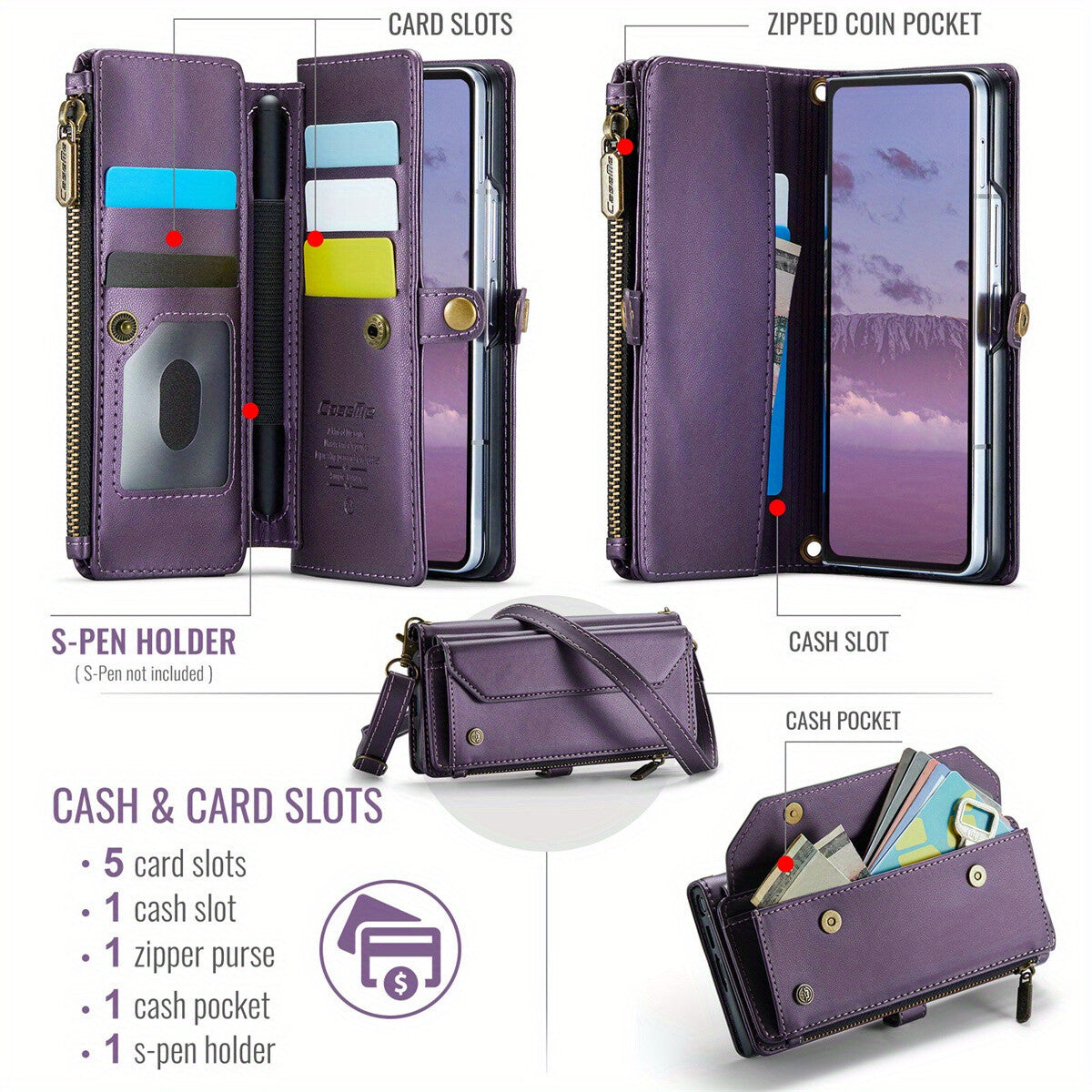 Crossbody for Samsung Galaxy Z Fold 6 Case Wallet Card Holder with Pen Slot