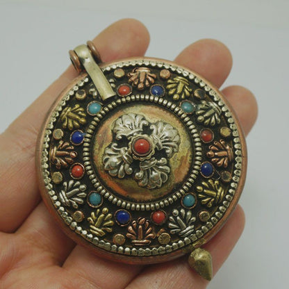 Buddhist Nepalese Handmade Jewelry Tricolor Copper Box Pendant Collectible