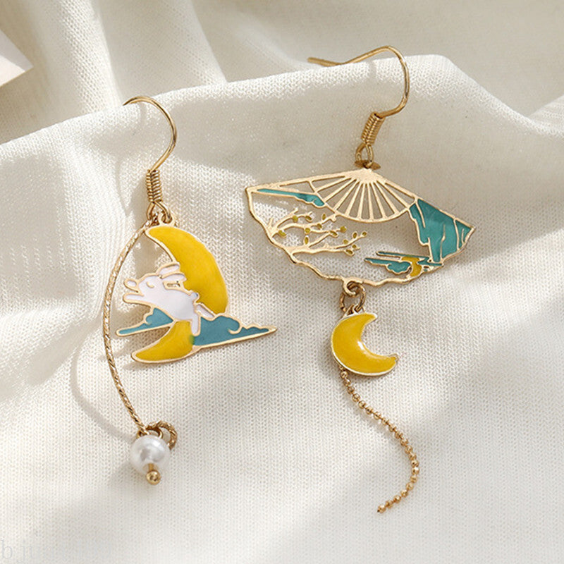 Chinese Style Folding Fan Carp Lotus Asymmetrical Long Tassel Dangle Earrings