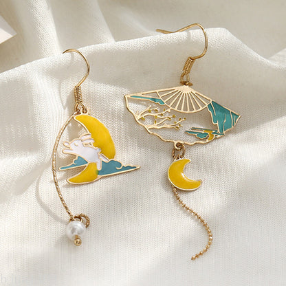 Chinese Style Folding Fan Carp Lotus Asymmetrical Long Tassel Dangle Earrings