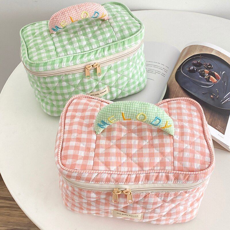 Plaid Pattern Bag Toiletries Case Makeup Bag Zipp Cotton Cosmetics Storage Pouch