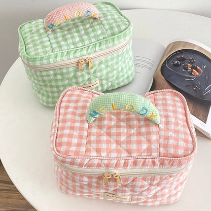Plaid Pattern Bag Toiletries Case Makeup Bag Zipp Cotton Cosmetics Storage Pouch
