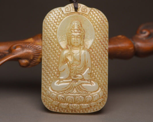 Chinese Antique Hetian Jade Carving Guanyin Statue Lucky Jade Pendant Amulets