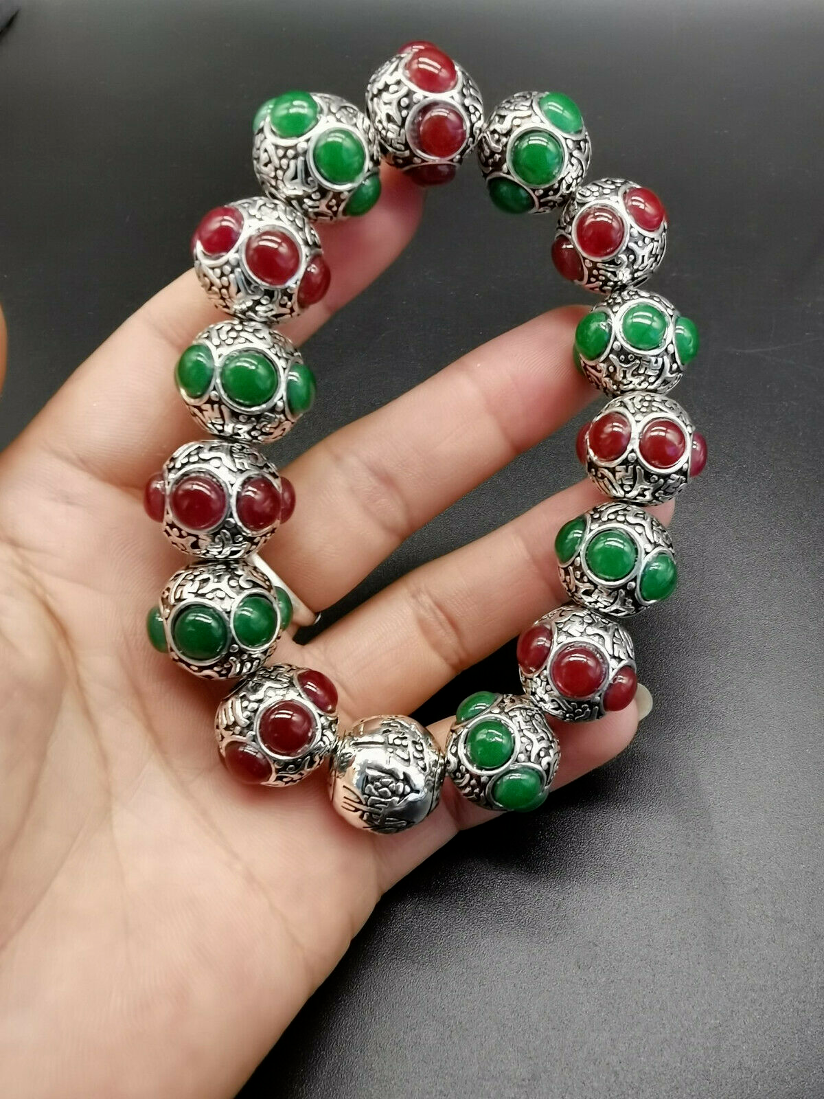 Old Tibetan silver hand-carved Tibet silver inlaid red Green jade bracelet