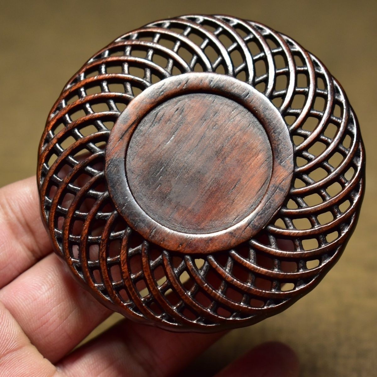 Chinese Retro Blood Sandalwood Coaster 7.5cm Hollow Carved Teacup Mat 14g