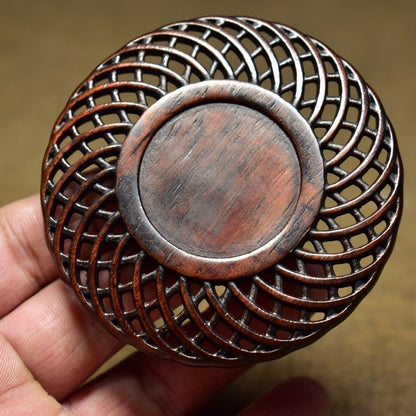Chinese Retro Blood Sandalwood Coaster 7.5cm Hollow Carved Teacup Mat 14g