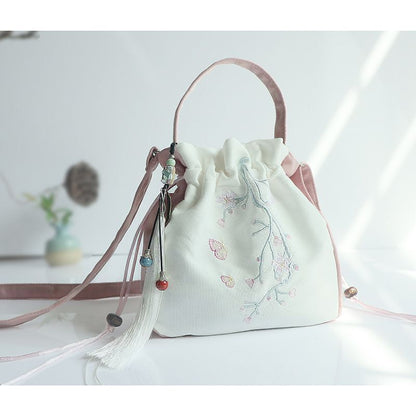 Embroidered Shoulder Bag Flower Bunch Mouth Tassel Exquisite Handbag Polyester