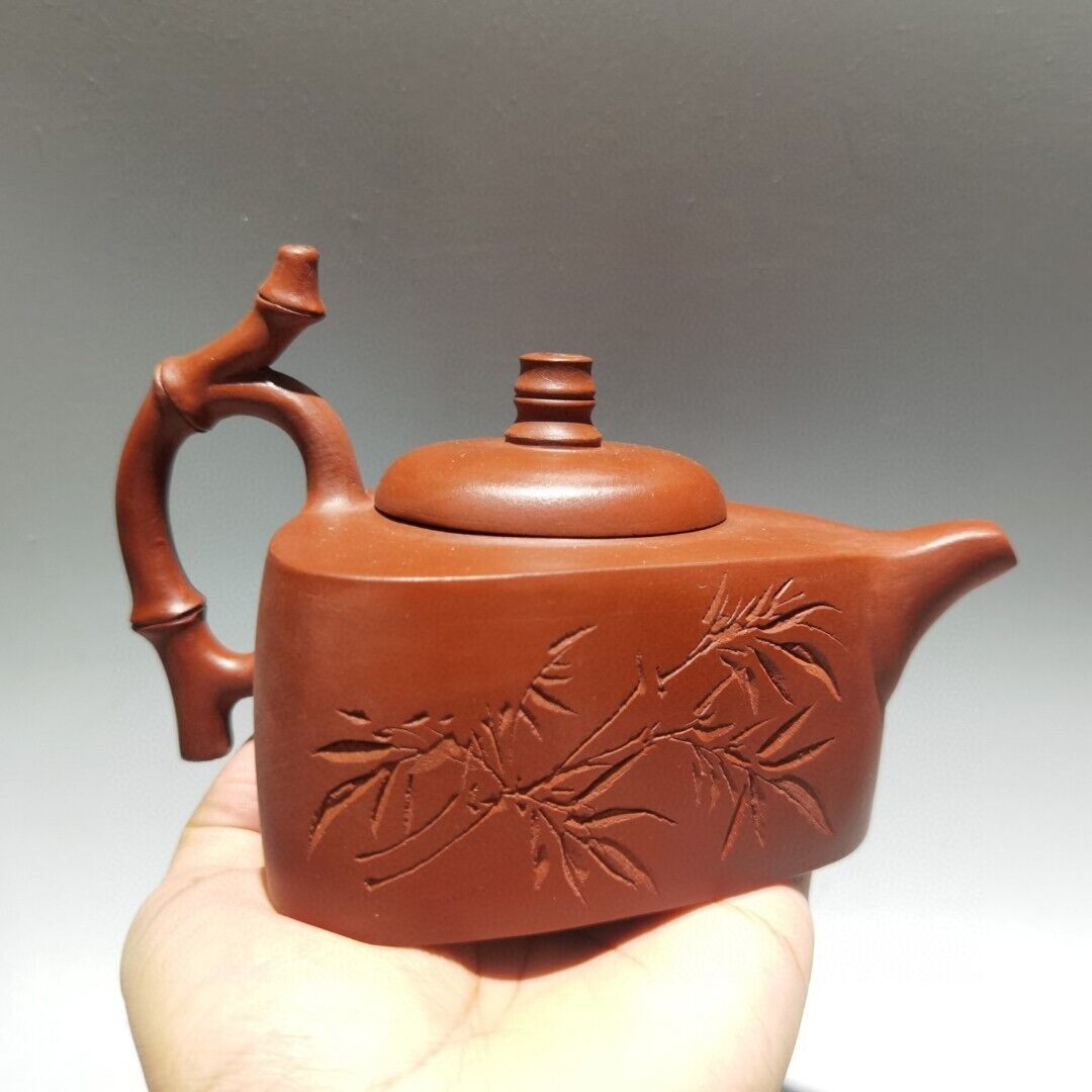 Vintage Chinese Yixing Purple Clay Teapot Zisha Ceramic Carving Bamboo Teaware