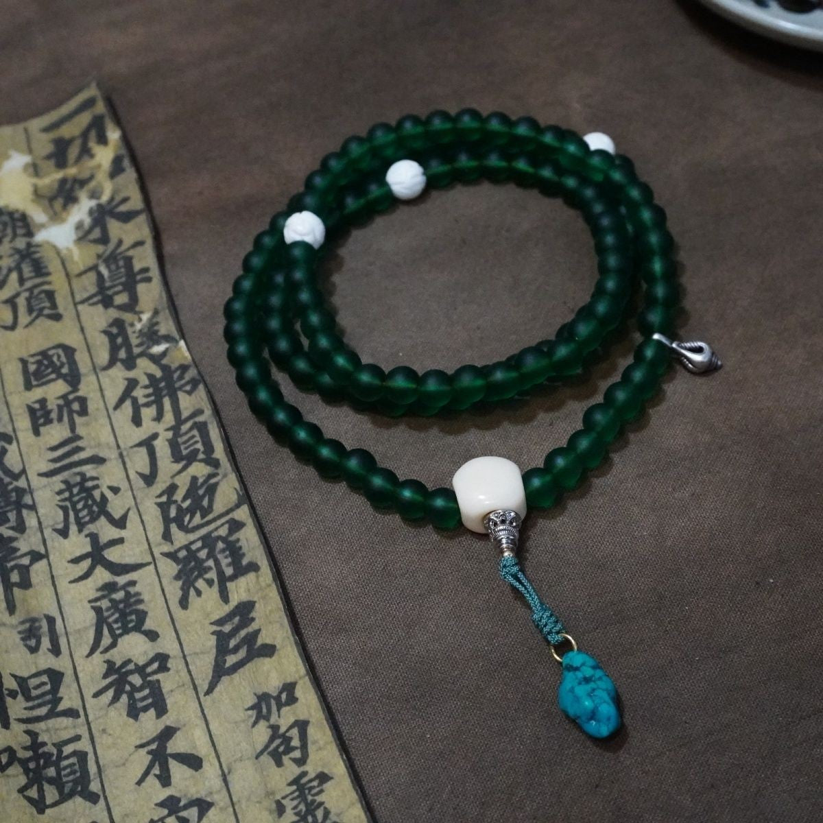 Green Tara Green Glass Mala 8mm 108 Tibetan Buddhist Prayer Beads
