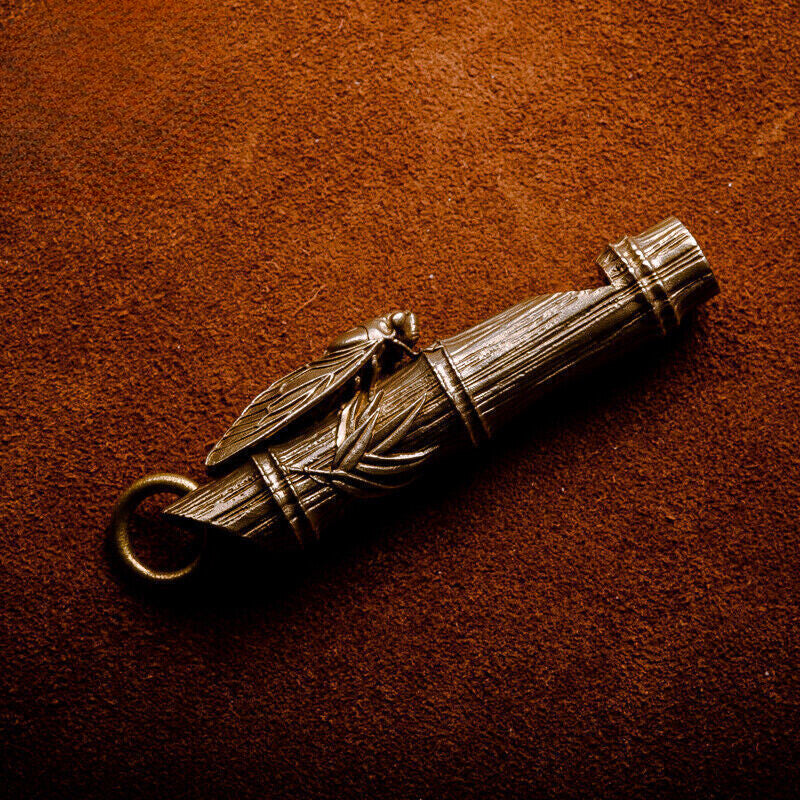6cm Brass Cicada Bamboo Whistle Key Ring Pendant Collection
