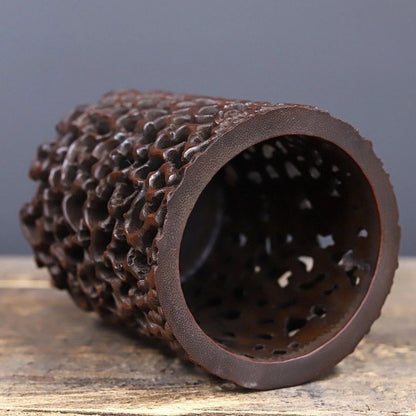 Vintage Hand-Carved Bamboo Openwork Brush Pot, 12x16cm