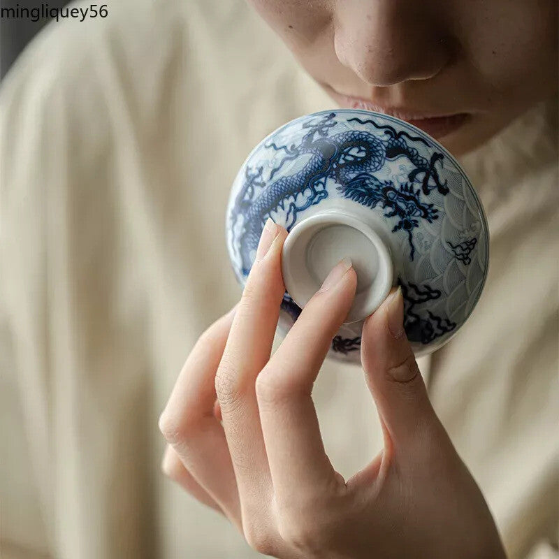 Dragon Gaiwan for Tea Ceramic Tureen with Lid Teaware Set Chinese Blue Tea Bowl
