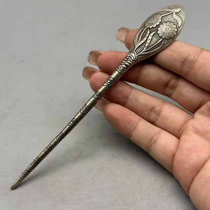 Vintage Silver Plated Copper Hairpin Floral Engraved Chinese Style