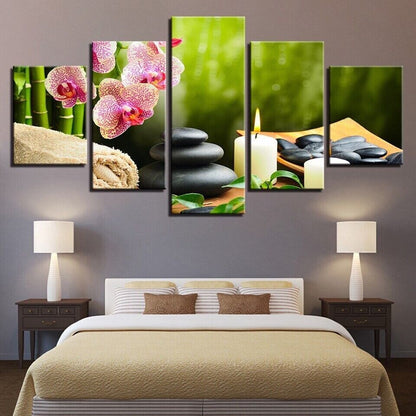 Hot Stones Orchid Flowers SPA Concept 5 Panel Canvas Print Wall Decor Art Poster