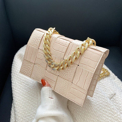 Pattern Pu Leather Bag Women Gold Chain Woven Square Bag Evening Party Clutch