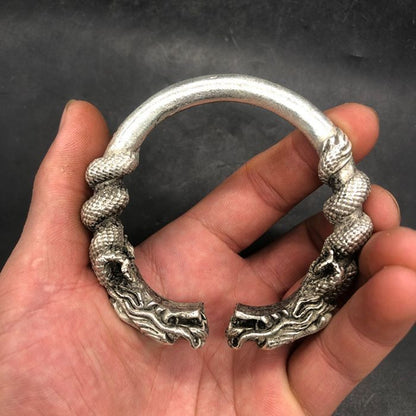 Vintage Copper Double Dragon Bracelet - Handmade Open Cuff Dragon Bangle Jewelry