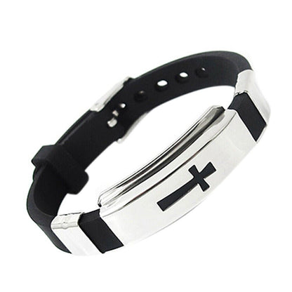 Men Stainless Steel Rubber Bracelet Retro Classic 3D Jesus Cross Style 1792