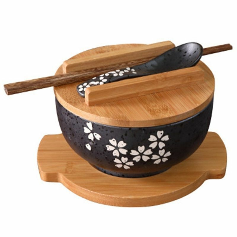 4 Piece/Set Ceramic Bowls Spoon+Chopstick Wooden Deck Instant Noodles Containers