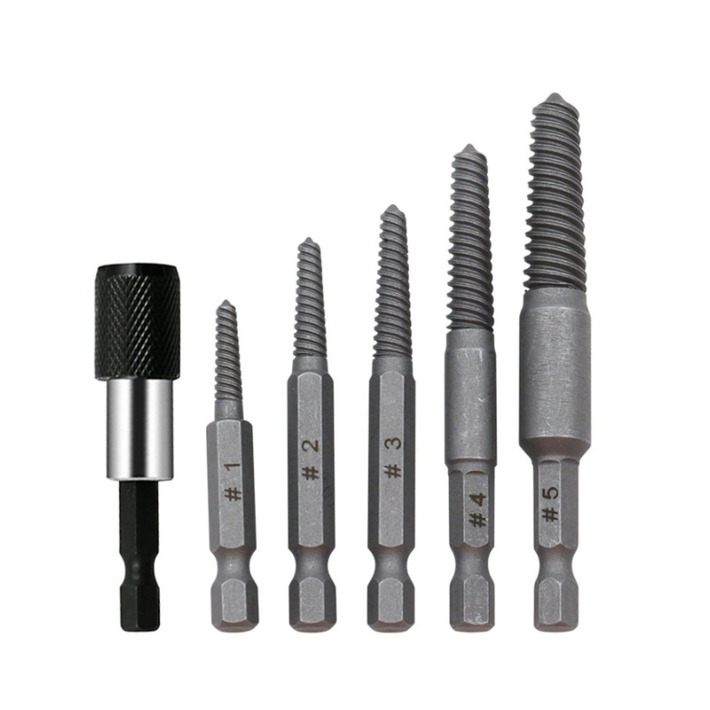 Woodworking hex shank headless screw extractor kit includes 5 different-size
