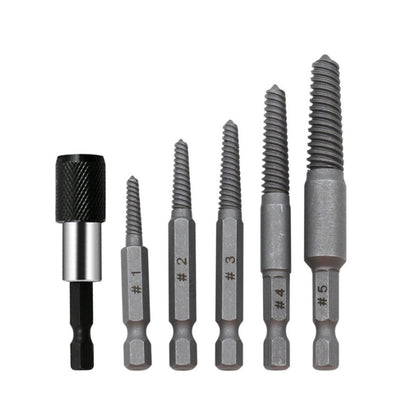 Woodworking hex shank headless screw extractor kit includes 5 different-size