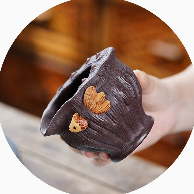 True Yixing Zisha Purple Clay Tea Cup Pitcher Handmade Fish Carved Fair Cup New