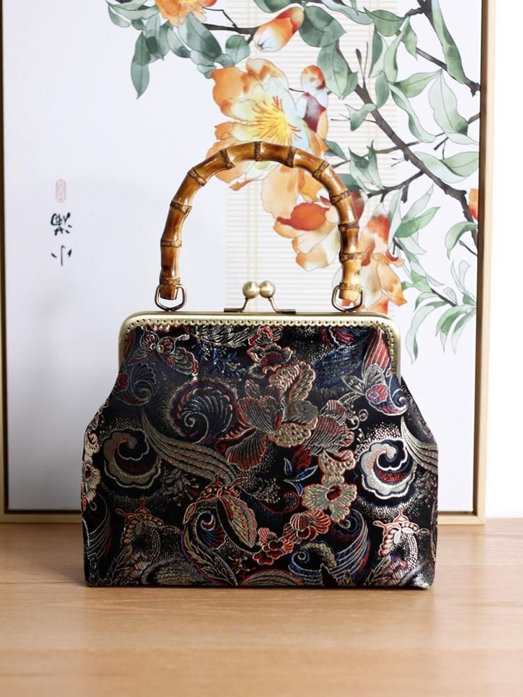 Bamboo Lock Shell Bag Vintage Flower Bag Chain Shoulder Crossbody Handmade Purse