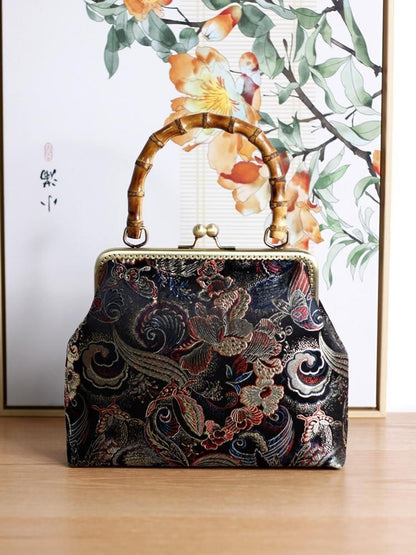 Bamboo Lock Shell Bag Vintage Flower Bag Chain Shoulder Crossbody Handmade Purse